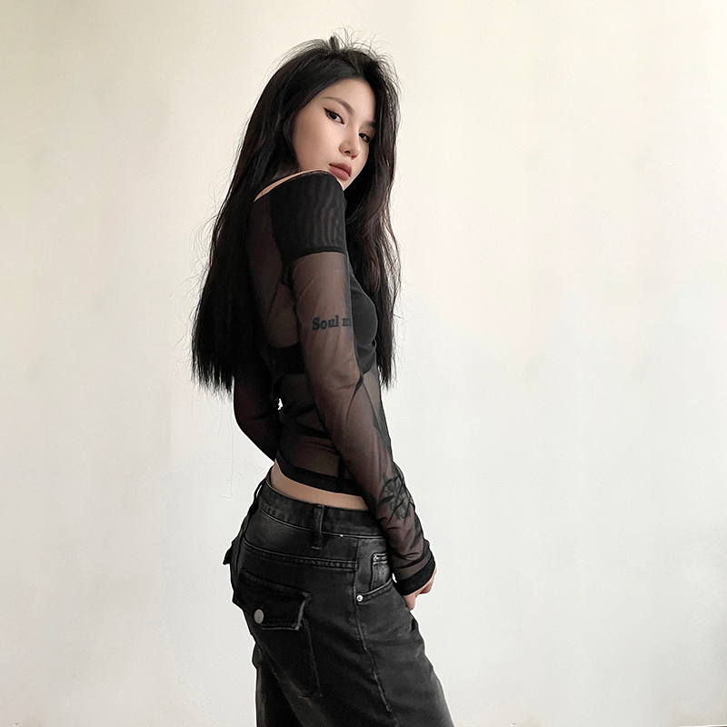 Klalien y2k Áo Thun Tay Dài Trễ Vai Xuyên Thấu Ôm Dáng Màu Đen Trơn Đơn Giản Cho Nữ