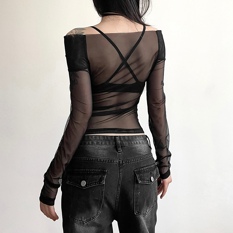 Klalien y2k Áo Thun Tay Dài Trễ Vai Xuyên Thấu Ôm Dáng Màu Đen Trơn Đơn Giản Cho Nữ