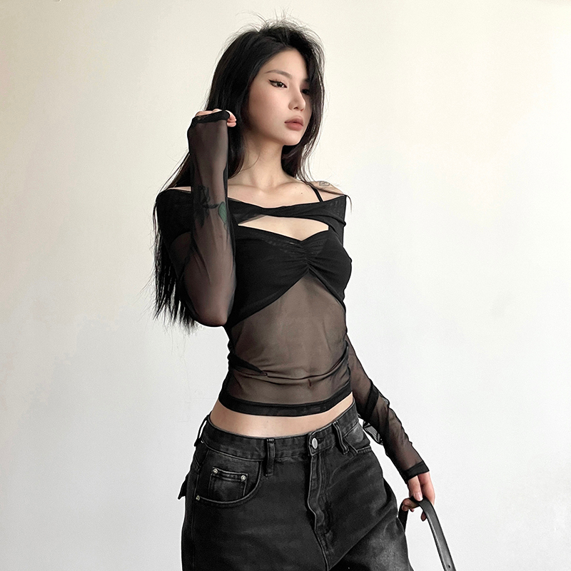 Klalien y2k Áo Thun Tay Dài Trễ Vai Xuyên Thấu Ôm Dáng Màu Đen Trơn Đơn Giản Cho Nữ