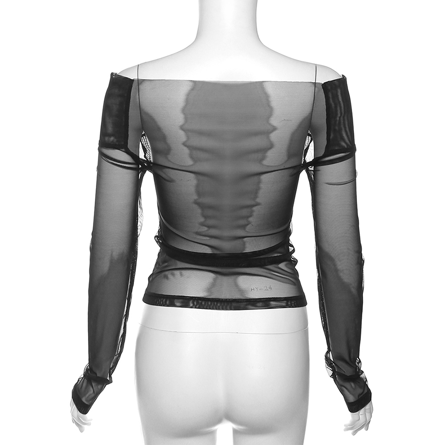 Klalien y2k Áo Thun Tay Dài Trễ Vai Xuyên Thấu Ôm Dáng Màu Đen Trơn Đơn Giản Cho Nữ