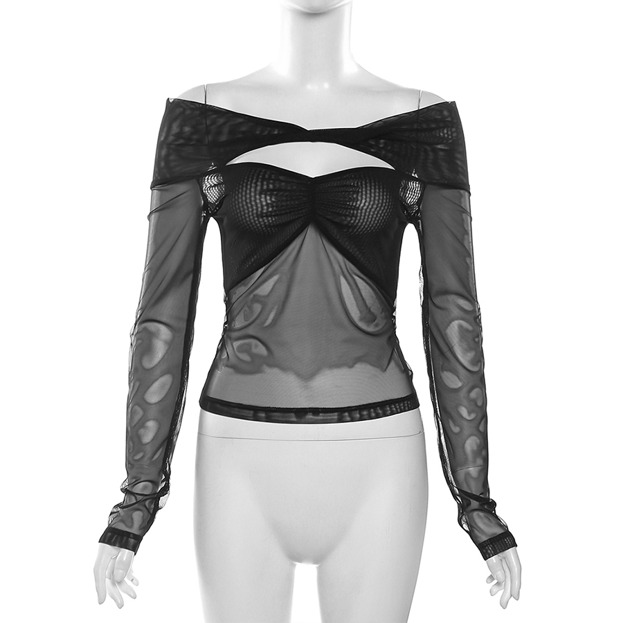 Klalien y2k Áo Thun Tay Dài Trễ Vai Xuyên Thấu Ôm Dáng Màu Đen Trơn Đơn Giản Cho Nữ