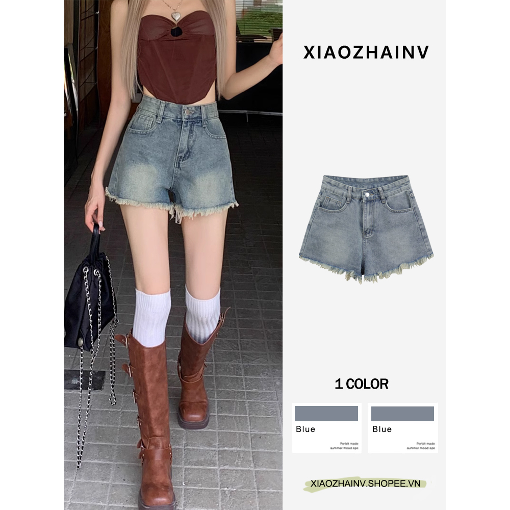 Xiaozhainv Quần Short Jean Lưng Cao Ống Rộng Thời Trang Mùa Hè Phong Cách Retro Cho Nữ