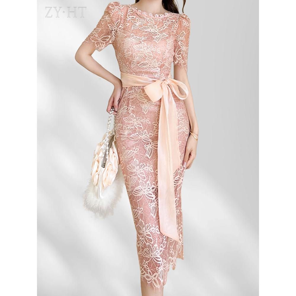 ZYHT Đầm Body Hàn Quốc thanh lịch vải ren váy dáng dài Khí chất Cao cấp khoe eo thon váy ngang hông 20350