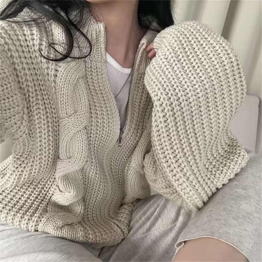 Áo Khoác Len cardigan Dáng Rộng Có Khóa Kéo Phong Cách Hàn Quốc Thời Trang Thu Đông Hàng Mới  HZFWC8034