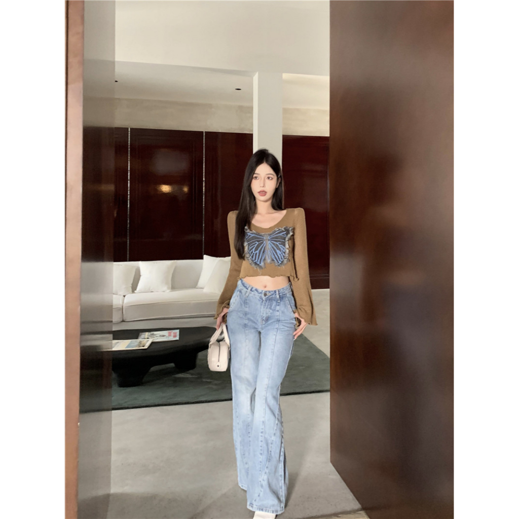 QADCOL Maillard Trang Phục Áo Dệt Kim Tay Loe Ngắn Hình Bướm Màu Nâu Khí Chất Sớm Mùa Thu Với Tai Gỗ