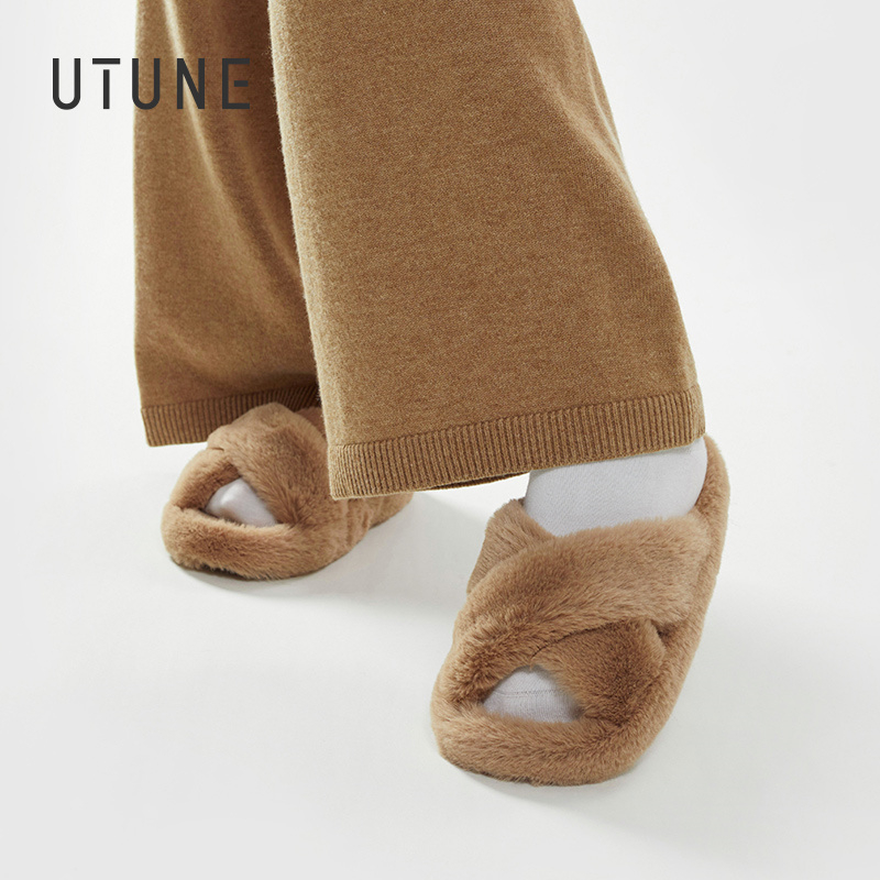 Utune Dép Bông Đi Trong Nhà Hở Ngón Quai Chéo Phối Lông Mềm Mại Thời Trang Cho Nữ