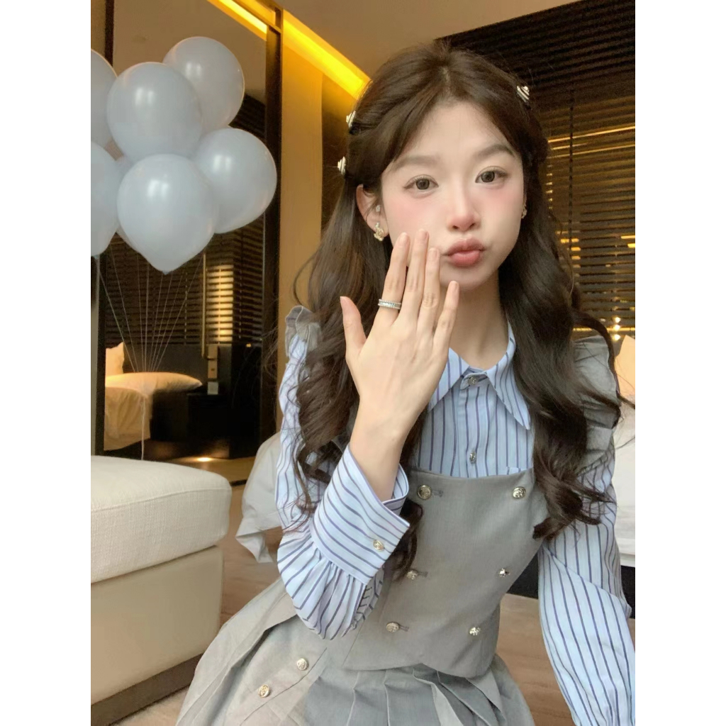 Xiaozhainv Áo Sơ Mi Tay Dài Cổ polo Dáng Ôm Họa Tiết Kẻ Sọc Thời Trang Mùa Thu Pháp Ngọt Ngào Dành Cho Bạn Nữ