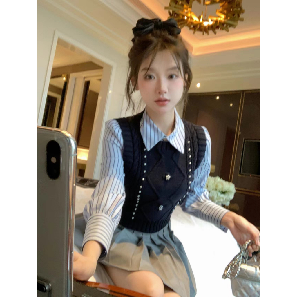 Xiaozhainv Áo Sơ Mi Tay Dài Cổ polo Dáng Ôm Họa Tiết Kẻ Sọc Thời Trang Mùa Thu Pháp Ngọt Ngào Dành Cho Bạn Nữ