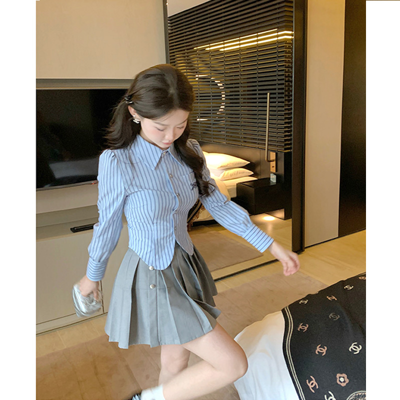 Xiaozhainv Áo Sơ Mi Tay Dài Cổ polo Dáng Ôm Họa Tiết Kẻ Sọc Thời Trang Mùa Thu Pháp Ngọt Ngào Dành Cho Bạn Nữ