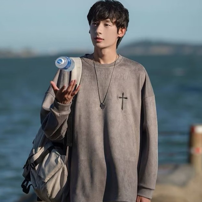 Áo sweater Da Lộn Tay Dài Cổ Tròn Thêu Chữ Thập Phong Cách Hàn Quốc Thời Trang Mùa Thu Mới Cho Nam