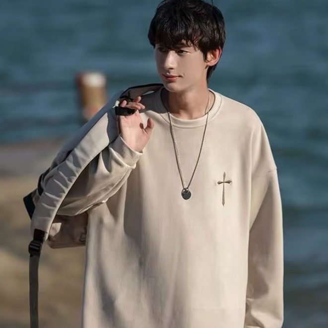 Áo sweater Da Lộn Tay Dài Cổ Tròn Thêu Chữ Thập Phong Cách Hàn Quốc Thời Trang Mùa Thu Mới Cho Nam