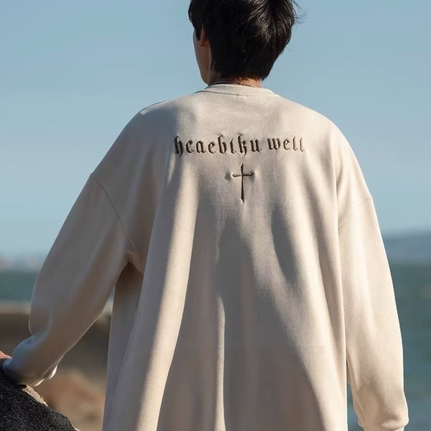 Áo sweater Da Lộn Tay Dài Cổ Tròn Thêu Chữ Thập Phong Cách Hàn Quốc Thời Trang Mùa Thu Mới Cho Nam