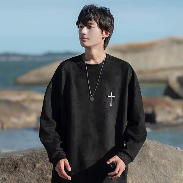 Áo sweater Da Lộn Tay Dài Cổ Tròn Thêu Chữ Thập Phong Cách Hàn Quốc Thời Trang Mùa Thu Mới Cho Nam