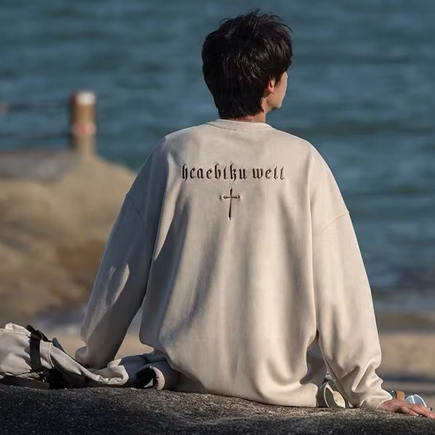 Áo sweater Da Lộn Tay Dài Cổ Tròn Thêu Chữ Thập Phong Cách Hàn Quốc Thời Trang Mùa Thu Mới Cho Nam