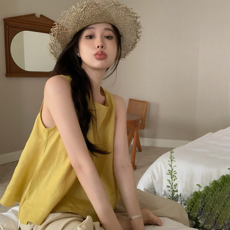 Áo tank top Không Tay Vải Lanh cotton Màu Trơn Thời Trang Cho Nữ