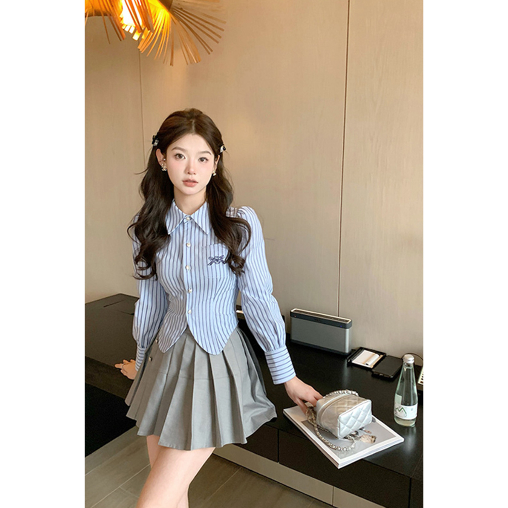 Xiaozhainv Áo Sơ Mi Tay Dài Cổ polo Dáng Ôm Họa Tiết Kẻ Sọc Thời Trang Mùa Thu Pháp Ngọt Ngào Dành Cho Bạn Nữ