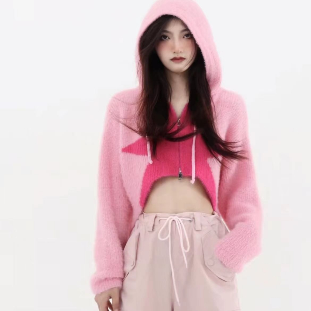 Áo Khoác cardigan Dệt Kim Dáng Ngắn Tay Dài Có Mũ Trùm Phối Khóa Kéo Cá Tính Cho Nữ