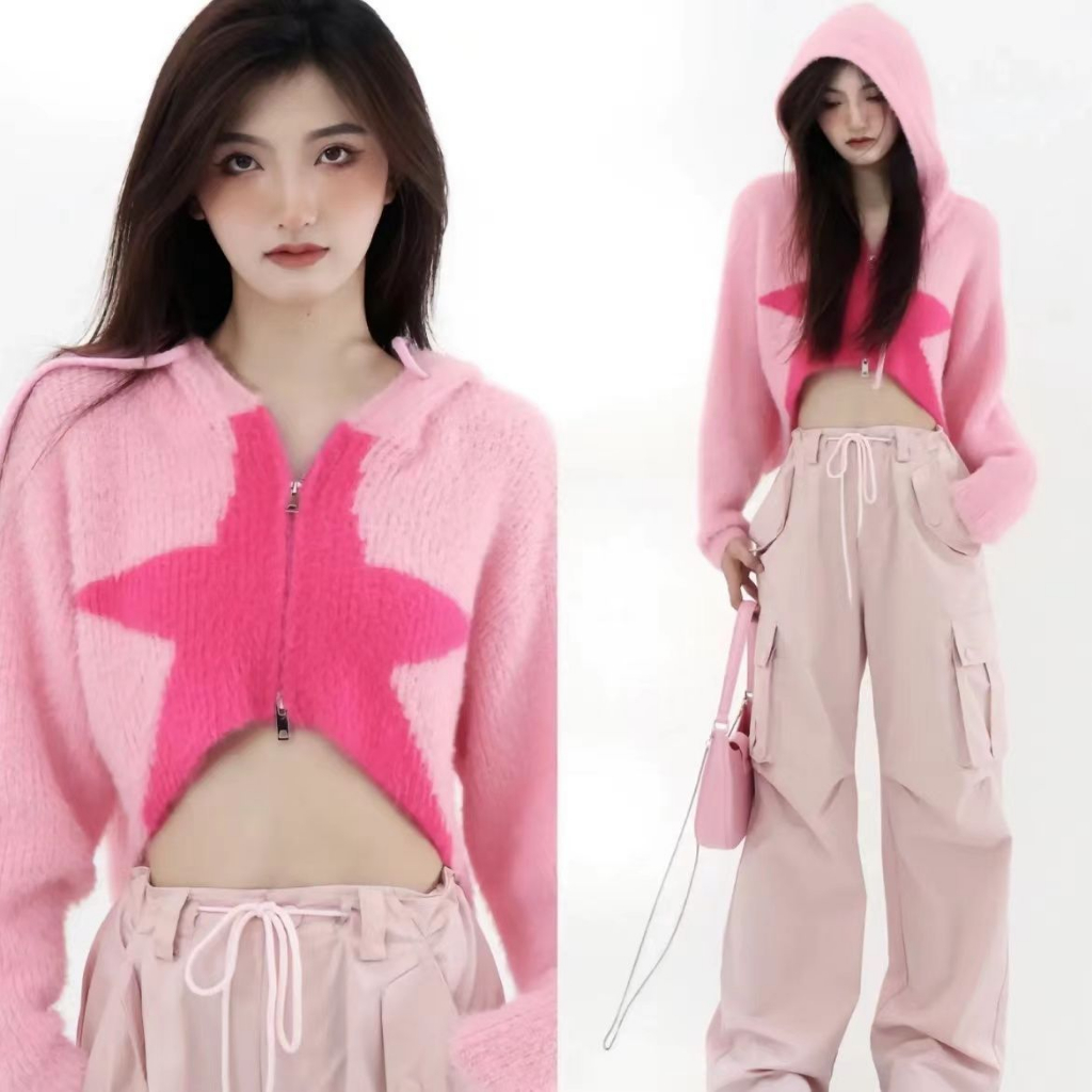 Áo Khoác cardigan Dệt Kim Dáng Ngắn Tay Dài Có Mũ Trùm Phối Khóa Kéo Cá Tính Cho Nữ