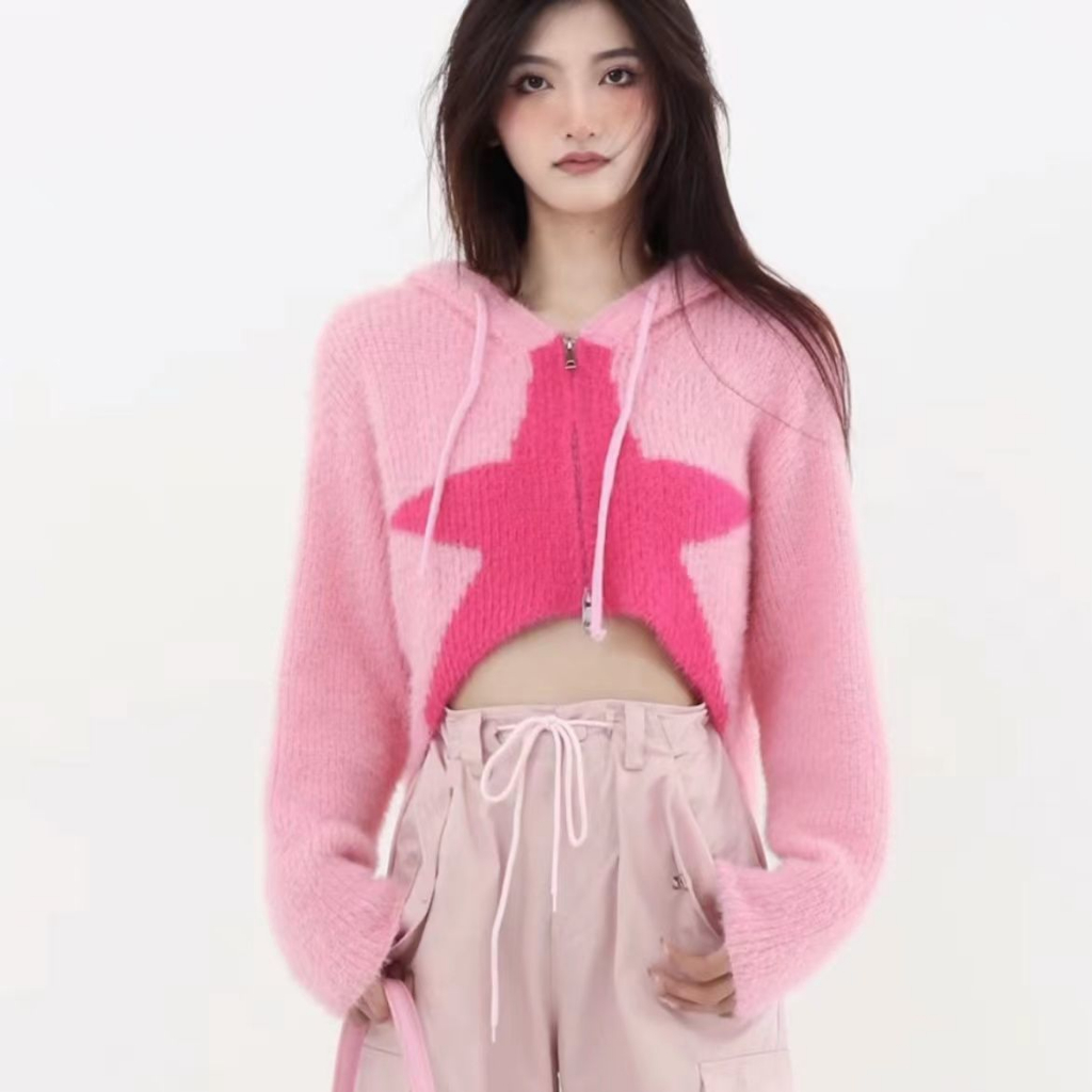 Áo Khoác cardigan Dệt Kim Dáng Ngắn Tay Dài Có Mũ Trùm Phối Khóa Kéo Cá Tính Cho Nữ