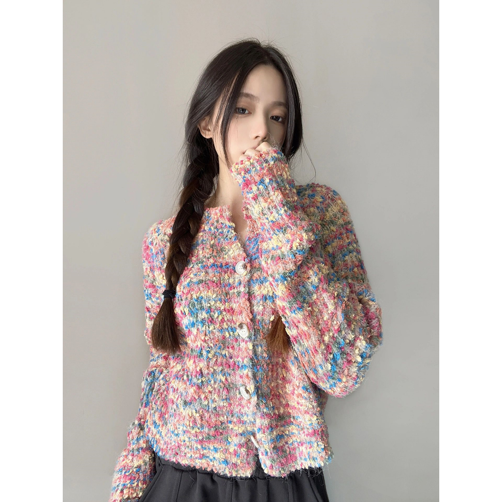 XIN LAN YA SHE Áo cardigan Cổ Thuyền Nhỏ Màu Cầu Vồng Hỗn Hợp Cho Nữ