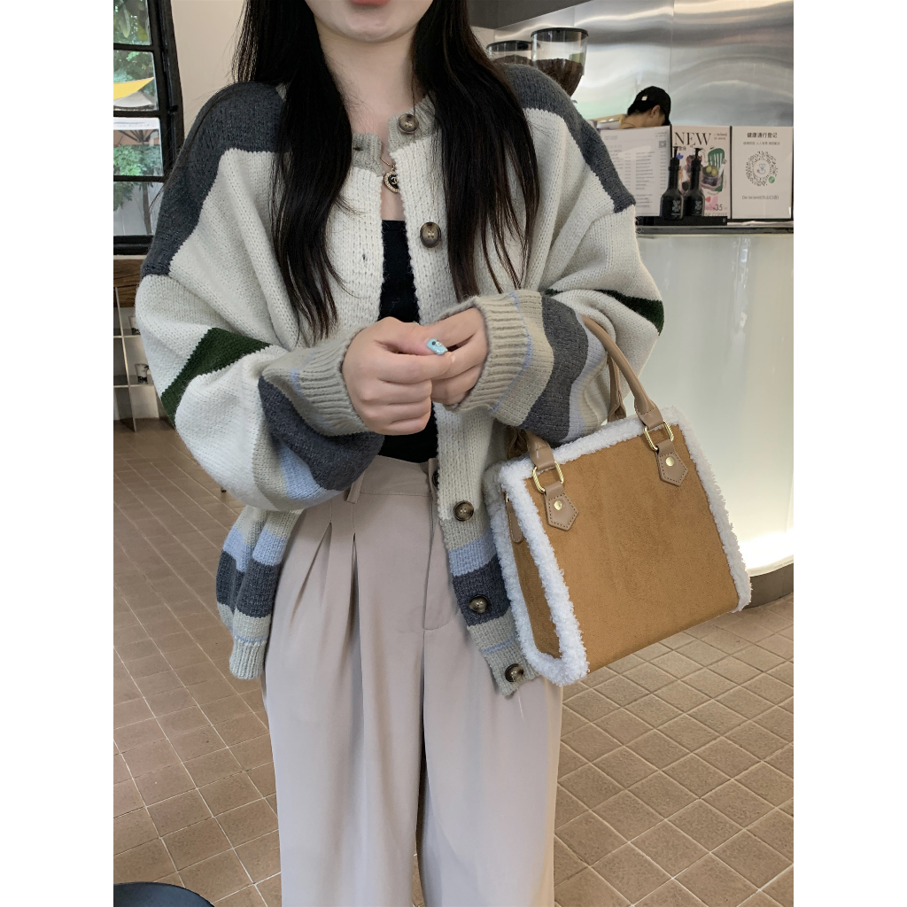 XIN LAN YA SHE Áo Khoác cardigan Dệt Kim Họa Tiết Kẻ Sọc Màu Tương Phản Phong Cách Hàn Quốc Cổ Điển Thời Trang Mới 2023 Dành Cho Bạn Nữ