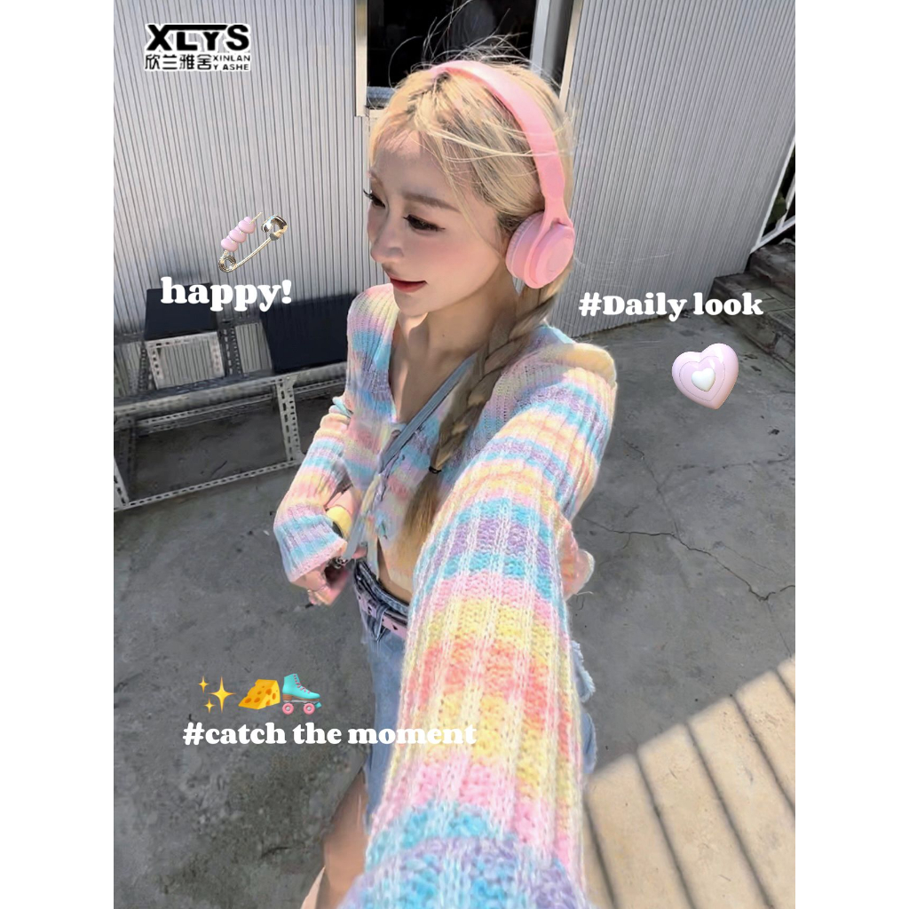 XIN LAN YA SHE Áo sweater Dệt Kim Ngắn Cổ Chữ v Họa Tiết Kẻ Sọc Cầu Vồng Ngọt Ngào Phong Cách Hàn Quốc