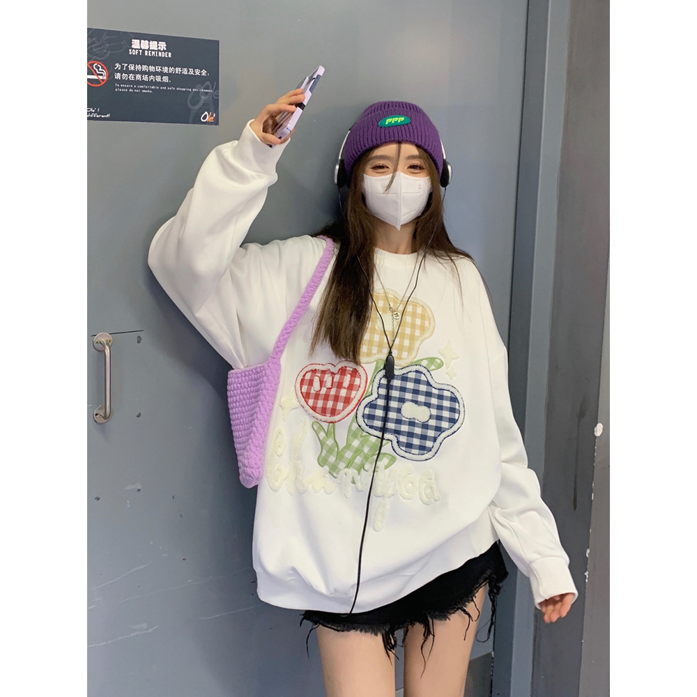 Lalisas dopamine Áo sweatshirt Tay Dài Cổ Tròn Dáng Rộng oversize Thêu Hoa Kẻ Sọc Caro Cho Nữ
