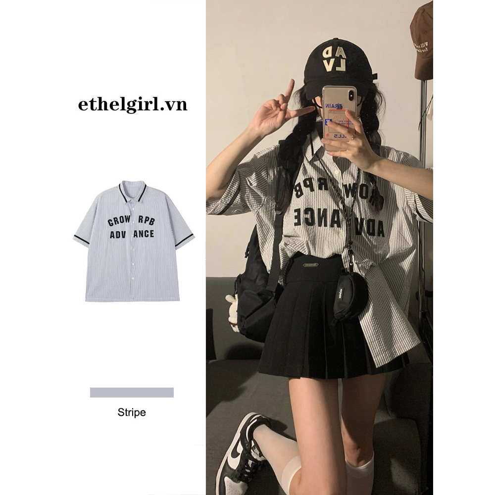 Ethelgirl Áo Sơ Mi Nữ Ngắn Tay Họa Tiết Sọc Dọc Thời Trang