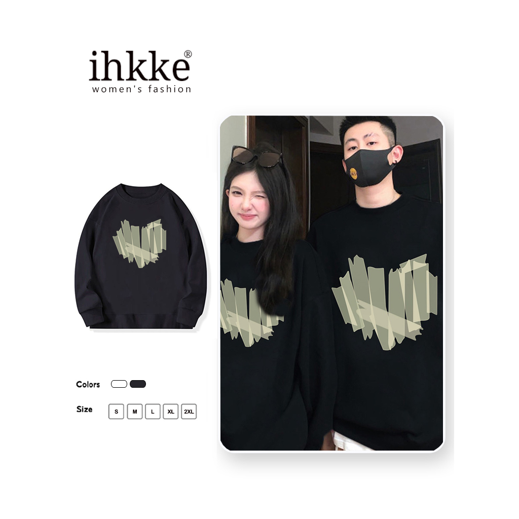 ihkke Áo sweater/ Áo thun IHKKE màu đen/ màu trắng dáng rộng size lớn phong cách Mỹ retro trẻ trung