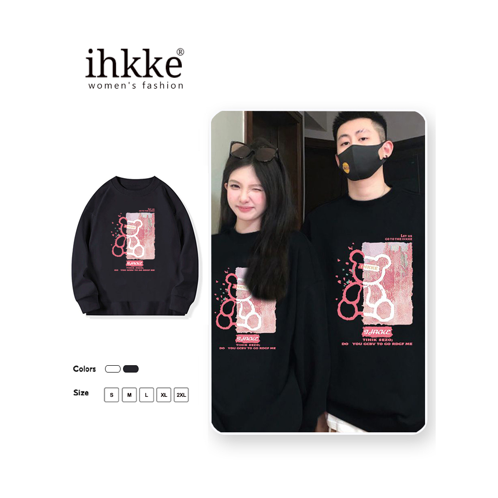 Áo sweatshirt IHKKE dáng rộng cổ tròn in hình gấu hồng thời trang unisex Hàn Quốc