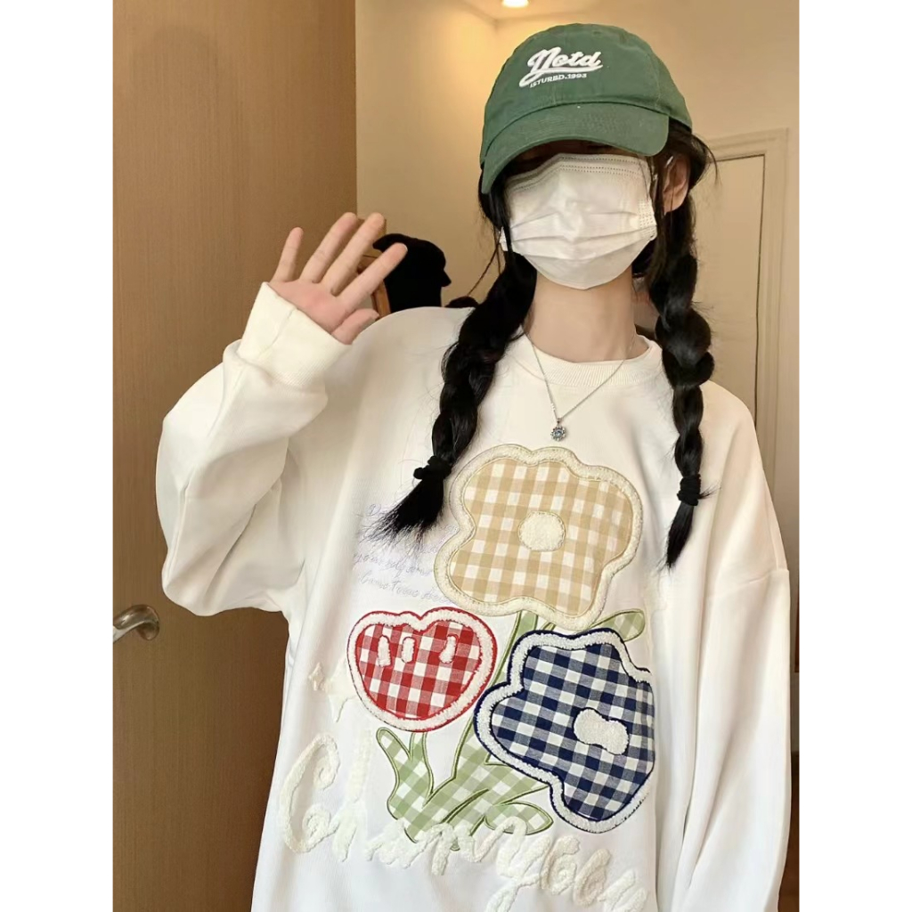 Lalisas dopamine Áo sweatshirt Tay Dài Cổ Tròn Dáng Rộng oversize Thêu Hoa Kẻ Sọc Caro Cho Nữ