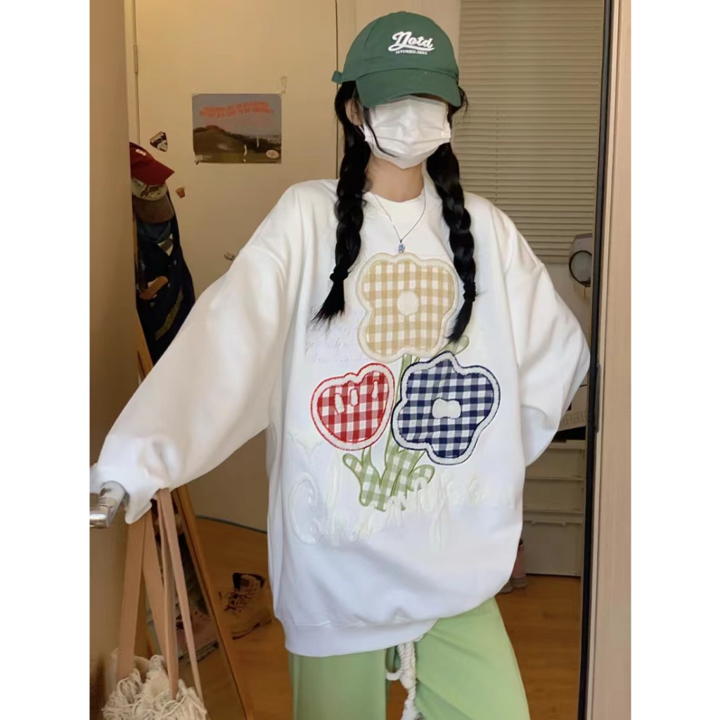 Lalisas dopamine Áo sweatshirt Tay Dài Cổ Tròn Dáng Rộng oversize Thêu Hoa Kẻ Sọc Caro Cho Nữ