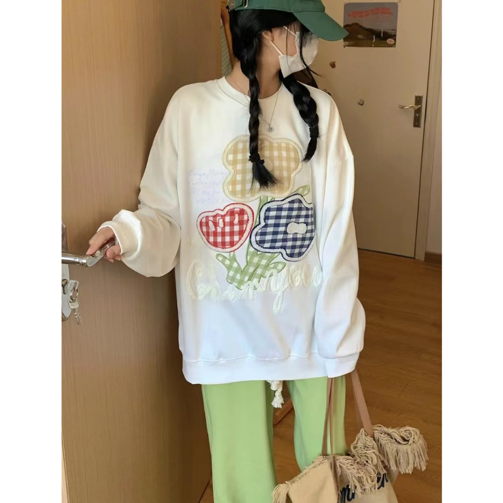 Lalisas dopamine Áo sweatshirt Tay Dài Cổ Tròn Dáng Rộng oversize Thêu Hoa Kẻ Sọc Caro Cho Nữ