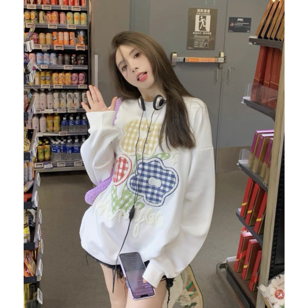 Lalisas dopamine Áo sweatshirt Tay Dài Cổ Tròn Dáng Rộng oversize Thêu Hoa Kẻ Sọc Caro Cho Nữ
