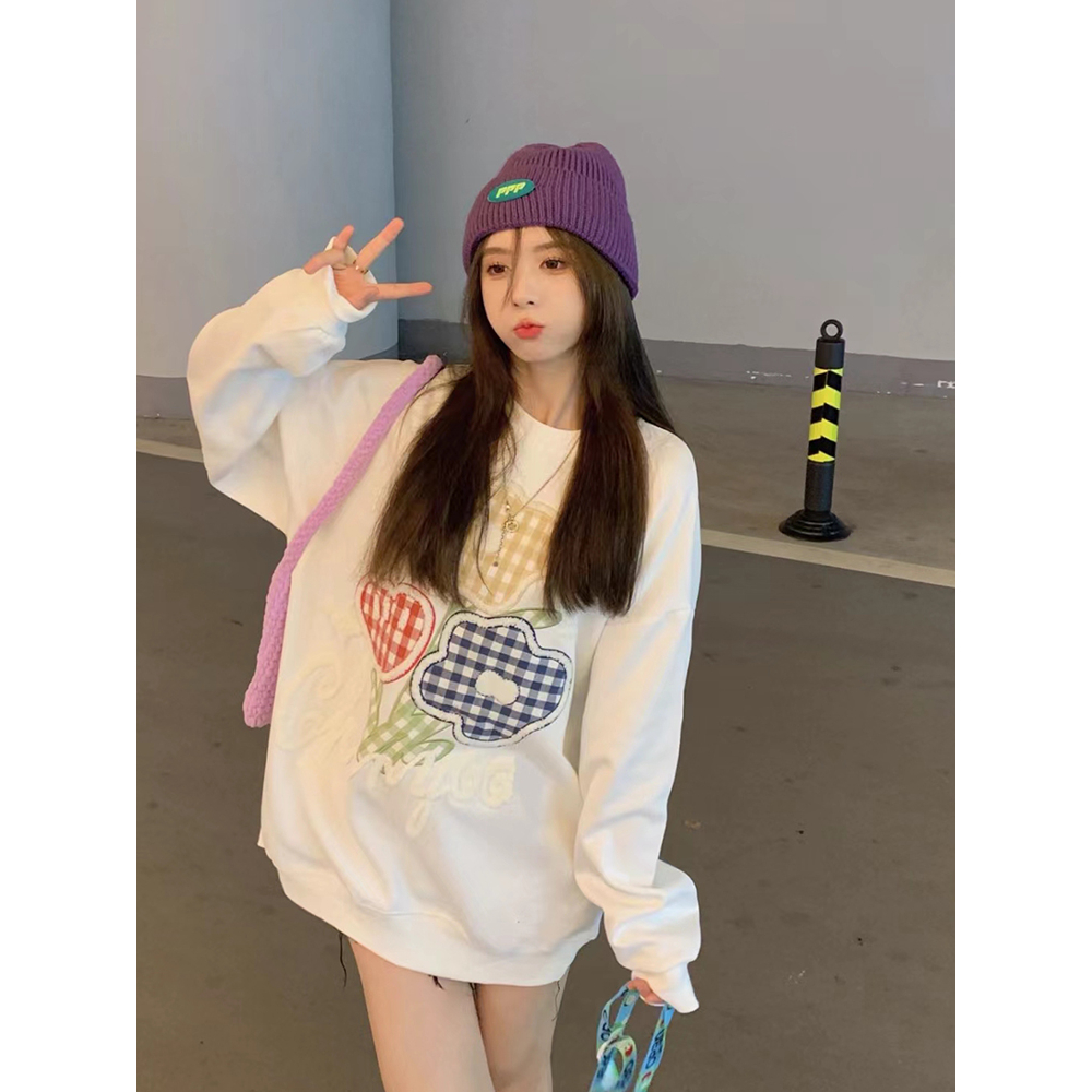 Lalisas dopamine Áo sweatshirt Tay Dài Cổ Tròn Dáng Rộng oversize Thêu Hoa Kẻ Sọc Caro Cho Nữ