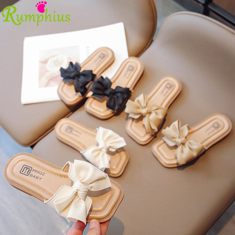 Rumphius Dép Đế Mềm Chống Trượt Màu Trơn Đính Nơ Xinh Xắn Cho Bé Gái size 26-36