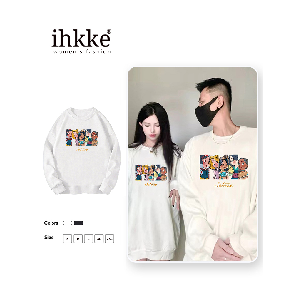 Áo sweater Ihkke cổ tròn dáng rộng in họa tiết màu đen thời trang mùa thu cho nữ