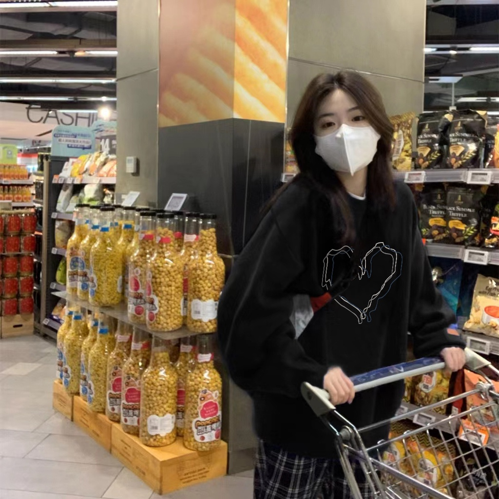 Áo sweater Ihkke cổ tròn màu đen phong cách Mỹ thời trang mùa thu cao cấp cho cặp đôi Hoodie