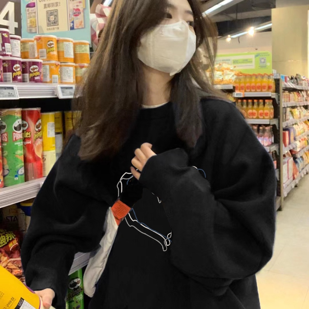 Áo sweater Ihkke cổ tròn màu đen phong cách Mỹ thời trang mùa thu cao cấp cho cặp đôi Hoodie