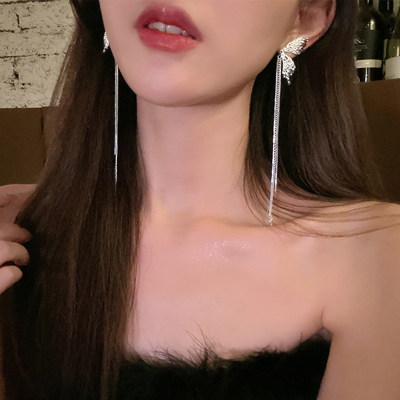 Bông Tai Dáng Dài Hình Bướm Bằng Bạc Thời Trang Hàn Quốc Cho Nữ