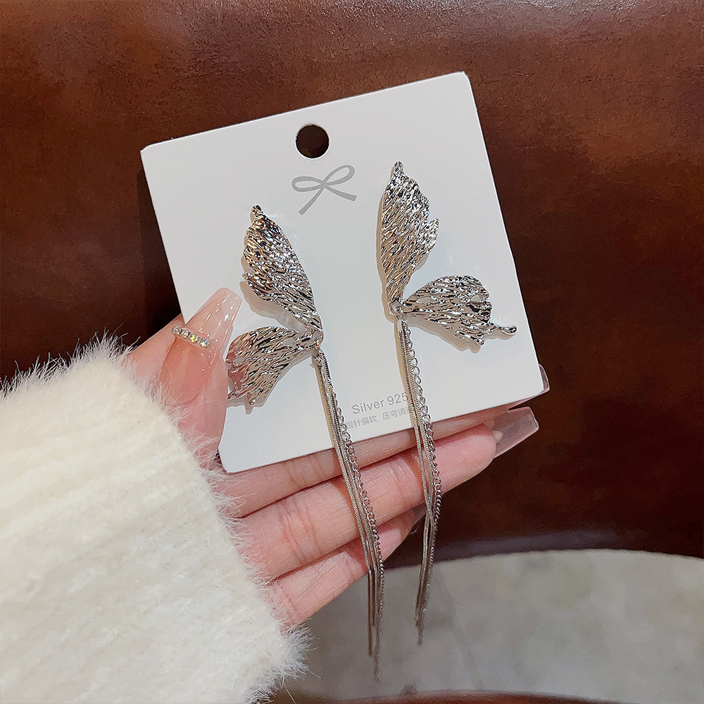 Bông Tai Dáng Dài Hình Bướm Bằng Bạc Thời Trang Hàn Quốc Cho Nữ