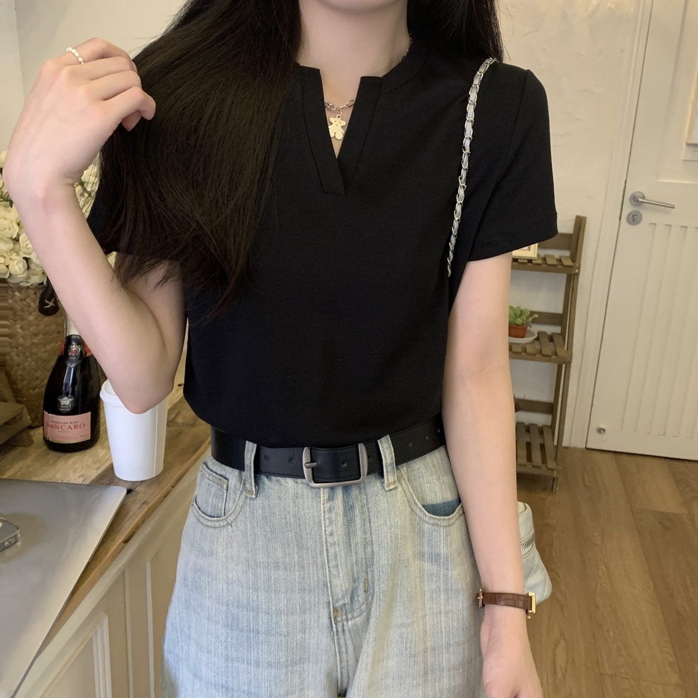 Áo Thun Cotton Ngắn Tay Cổ Nửa Phong Cách Hàn Quốc Đơn Giản Thời Trang Mùa Hè 66403