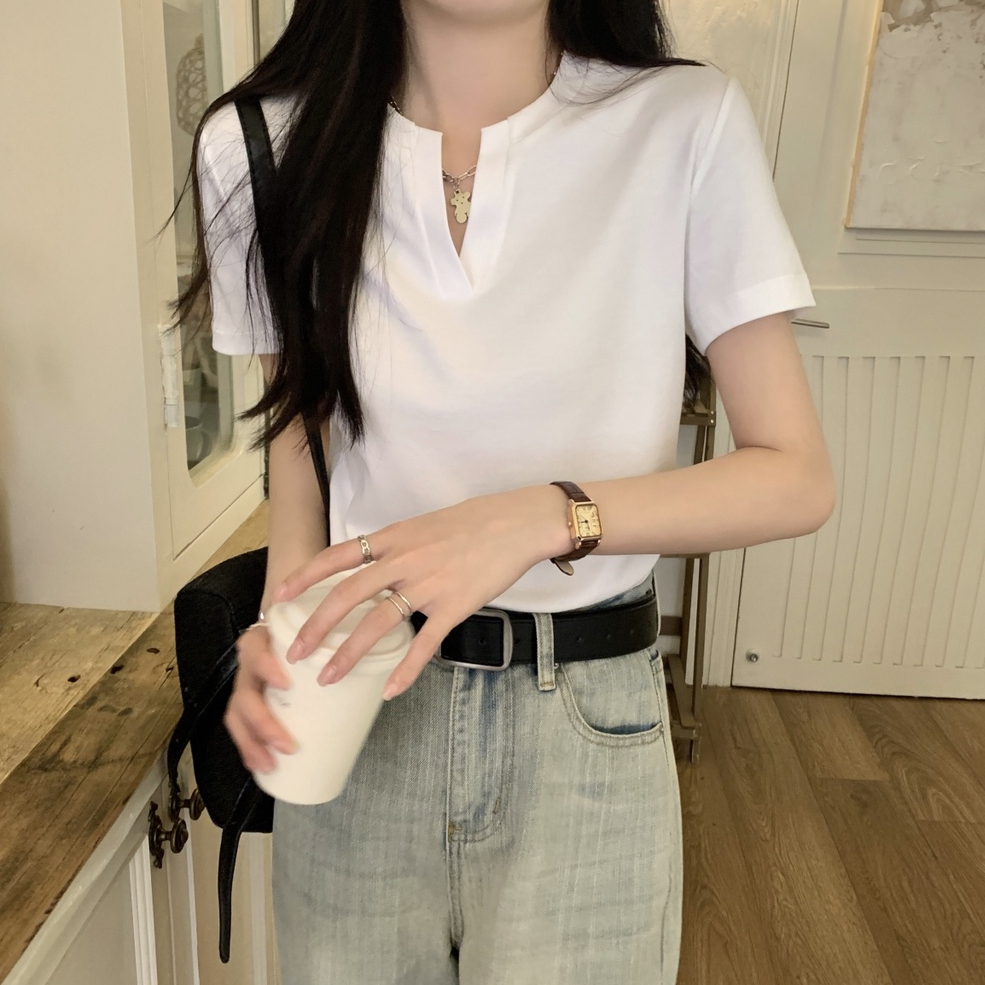 Áo Thun Cotton Ngắn Tay Cổ Nửa Phong Cách Hàn Quốc Đơn Giản Thời Trang Mùa Hè 66403