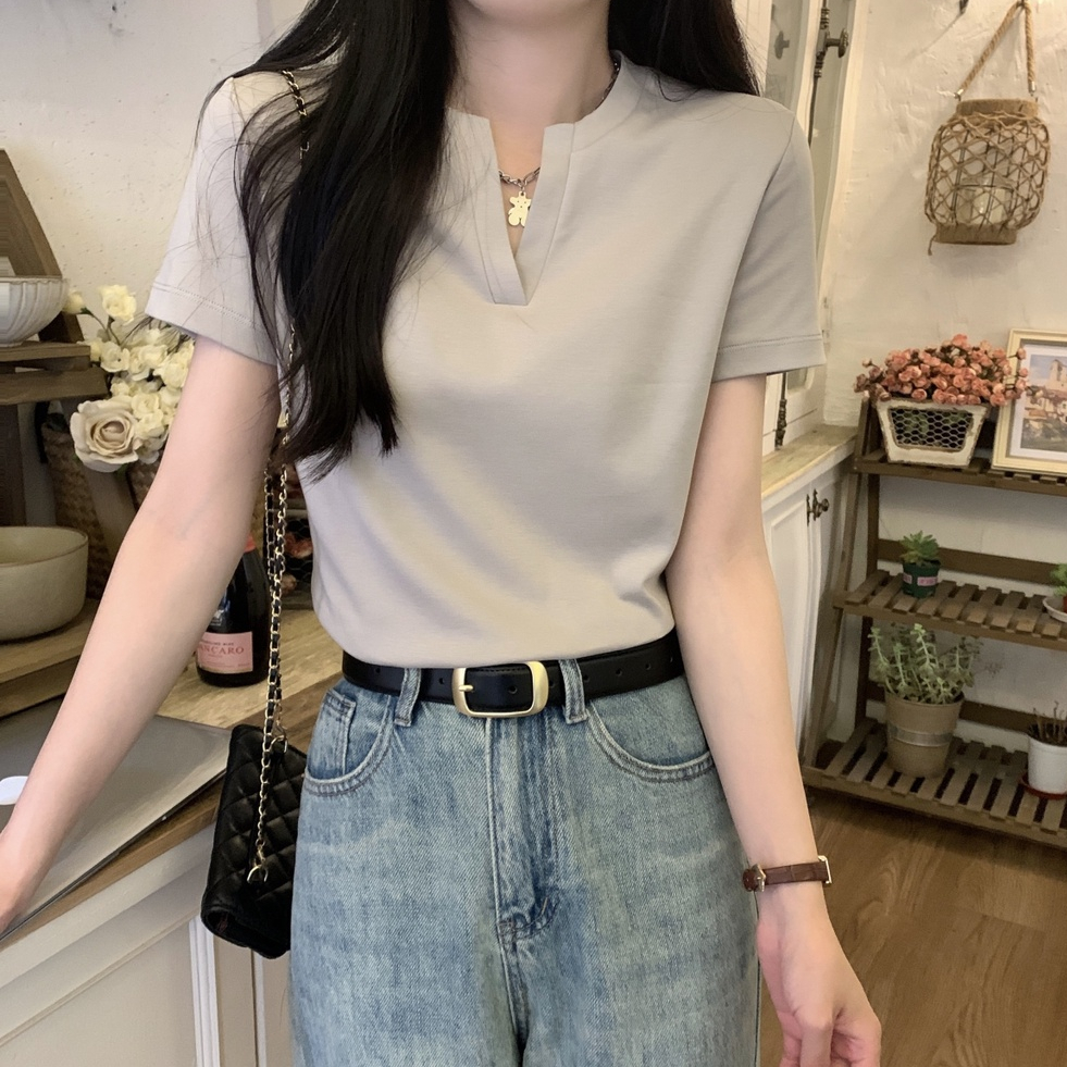 Áo Thun Cotton Ngắn Tay Cổ Nửa Phong Cách Hàn Quốc Đơn Giản Thời Trang Mùa Hè 66403