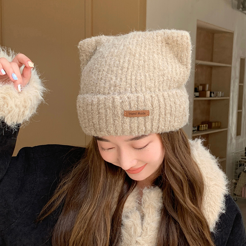 Mũ Len Phối Nhung Hình Tai Mèo Dễ Thương Thời Trang Thu Đông Cho Nữ