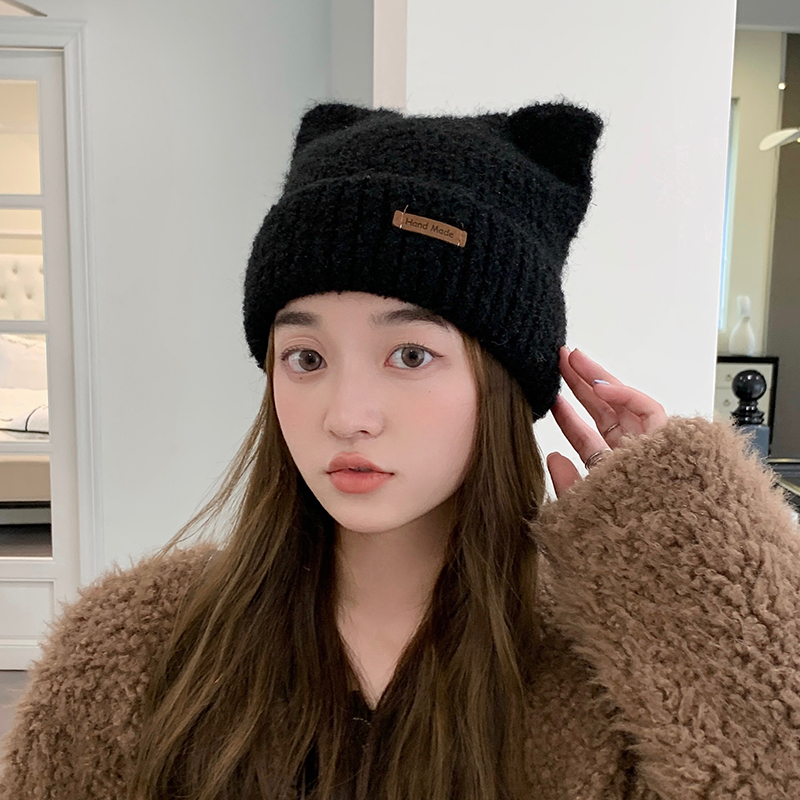 Mũ Len Phối Nhung Hình Tai Mèo Dễ Thương Thời Trang Thu Đông Cho Nữ