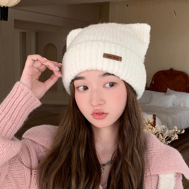Mũ Len Phối Nhung Hình Tai Mèo Dễ Thương Thời Trang Thu Đông Cho Nữ