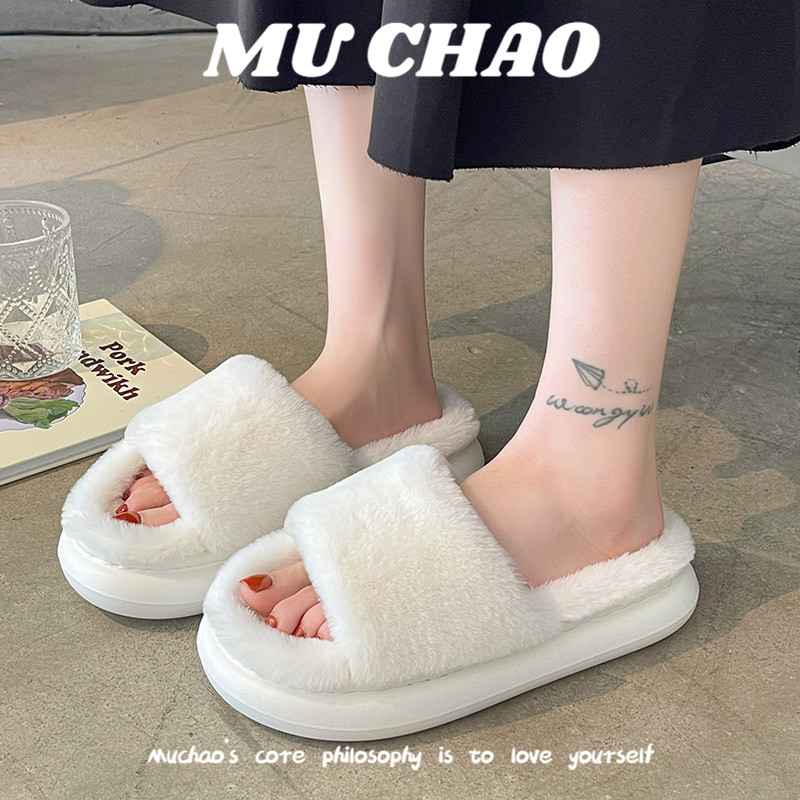 Muchao Dép cotton Phối Lông Mềm Thời Trang Thu Đông Cho Nữ
