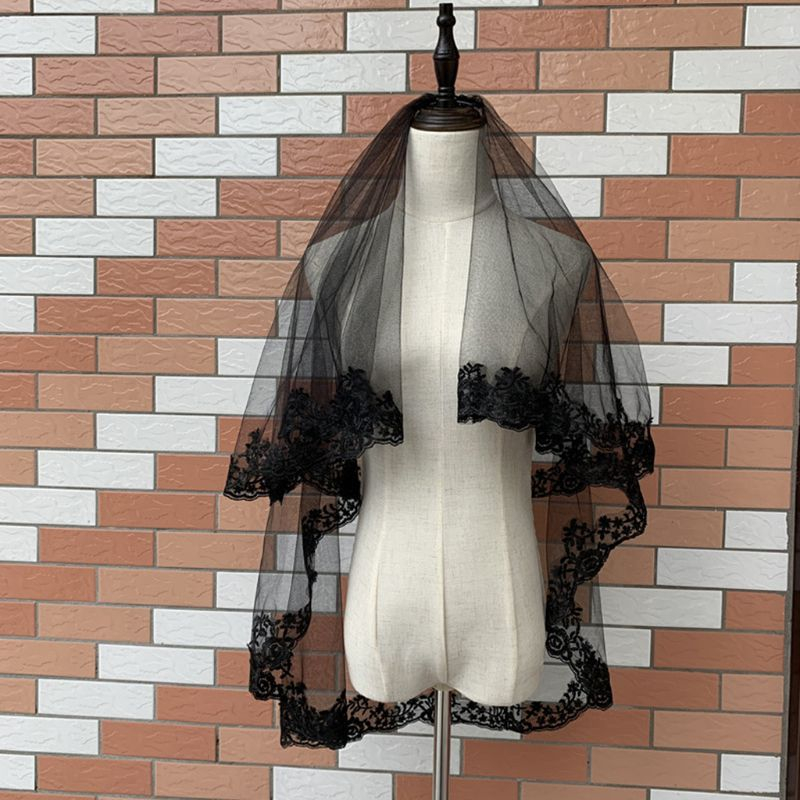 Dream 2-tier women halloween cosplay costume black mantilla wedding veil thêu fl