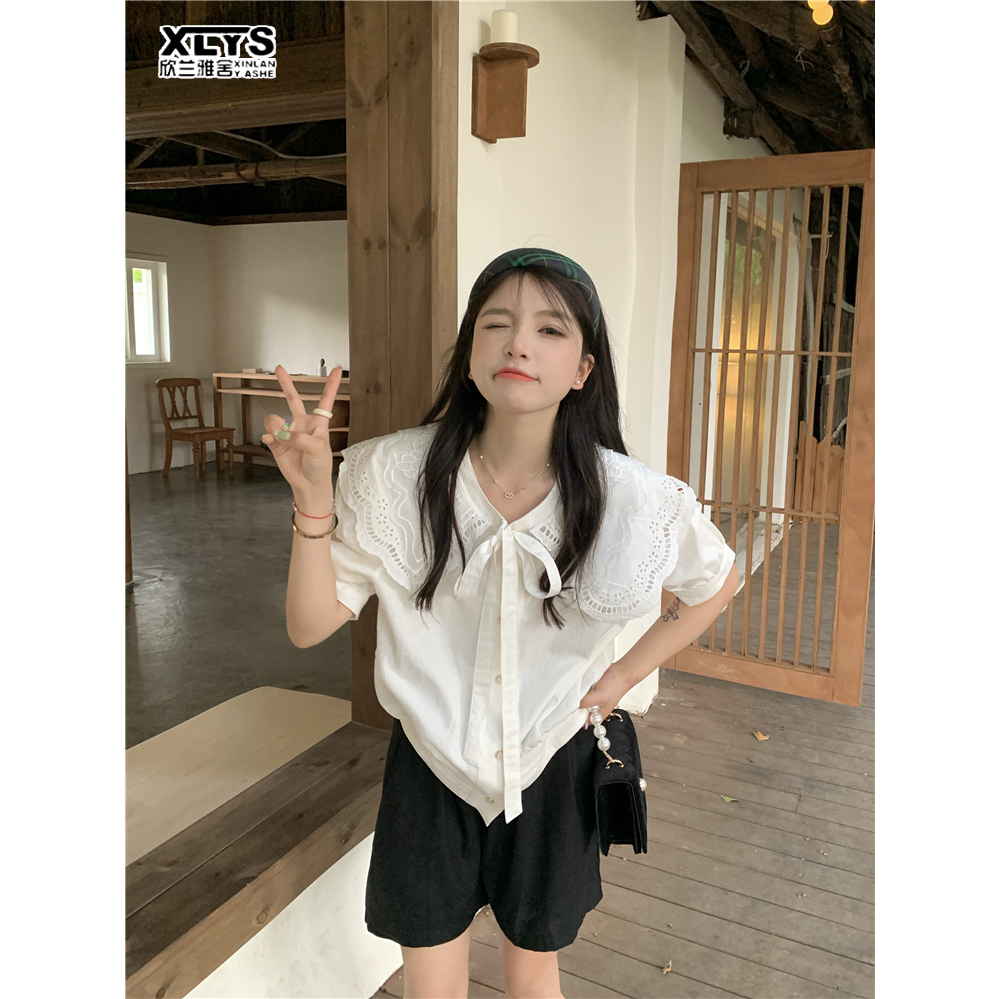 XIN LAN YA SHE Áo Sơ Mi Trắng Tay Phồng Cổ Búp Bê Thời Trang Phong Cách Hàn Quốc Cho Nữ